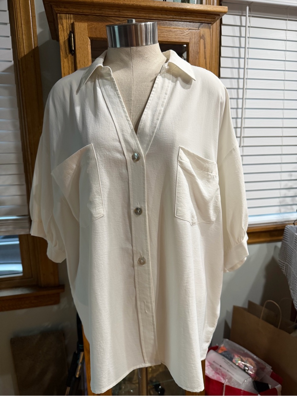 JODIFL Cream Oversized Button-Up Short Sleeve Blouse